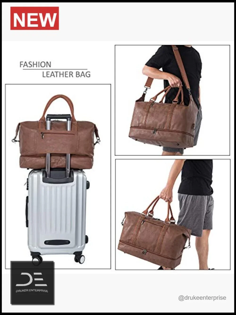 Vintage Weekender Overnight Travel Duffel with Shoe Pouch, Waterproof PU